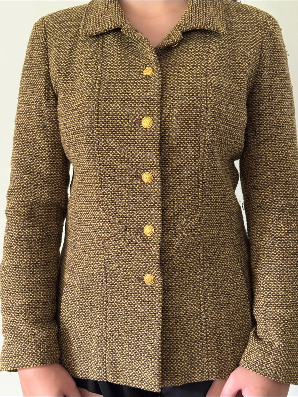 CHANEL Brown and Gold Tweed Blazer with Signature Gold Buttons
